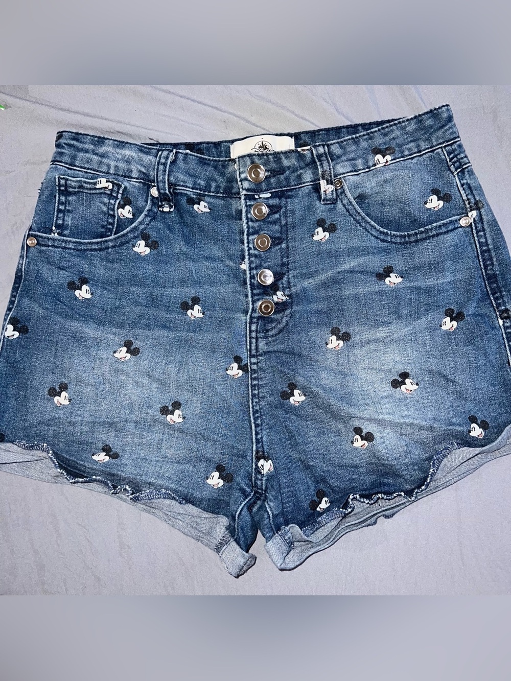 DISNEY PARKS ALL OVER MICKEY DENIM SHORTS Junior Sz 11 high waisted